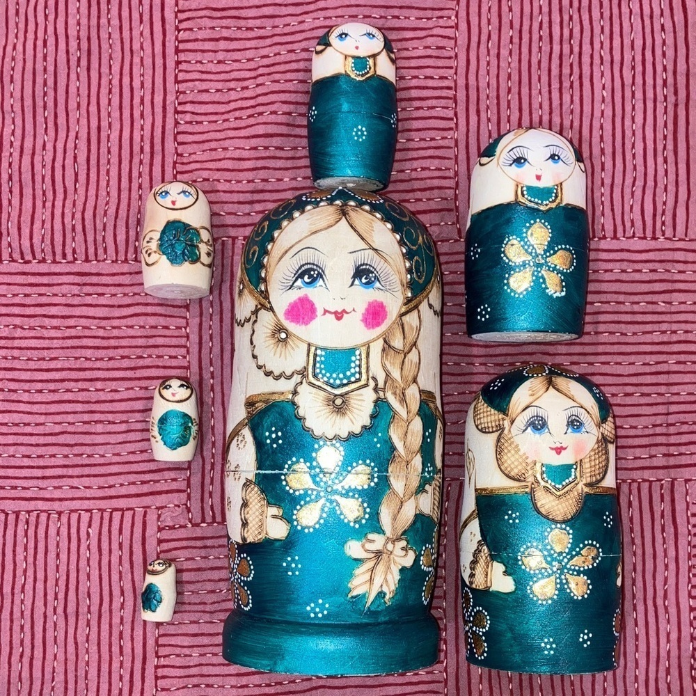 Matryoshka Russian Nesting Doll set - Teal and gold tone